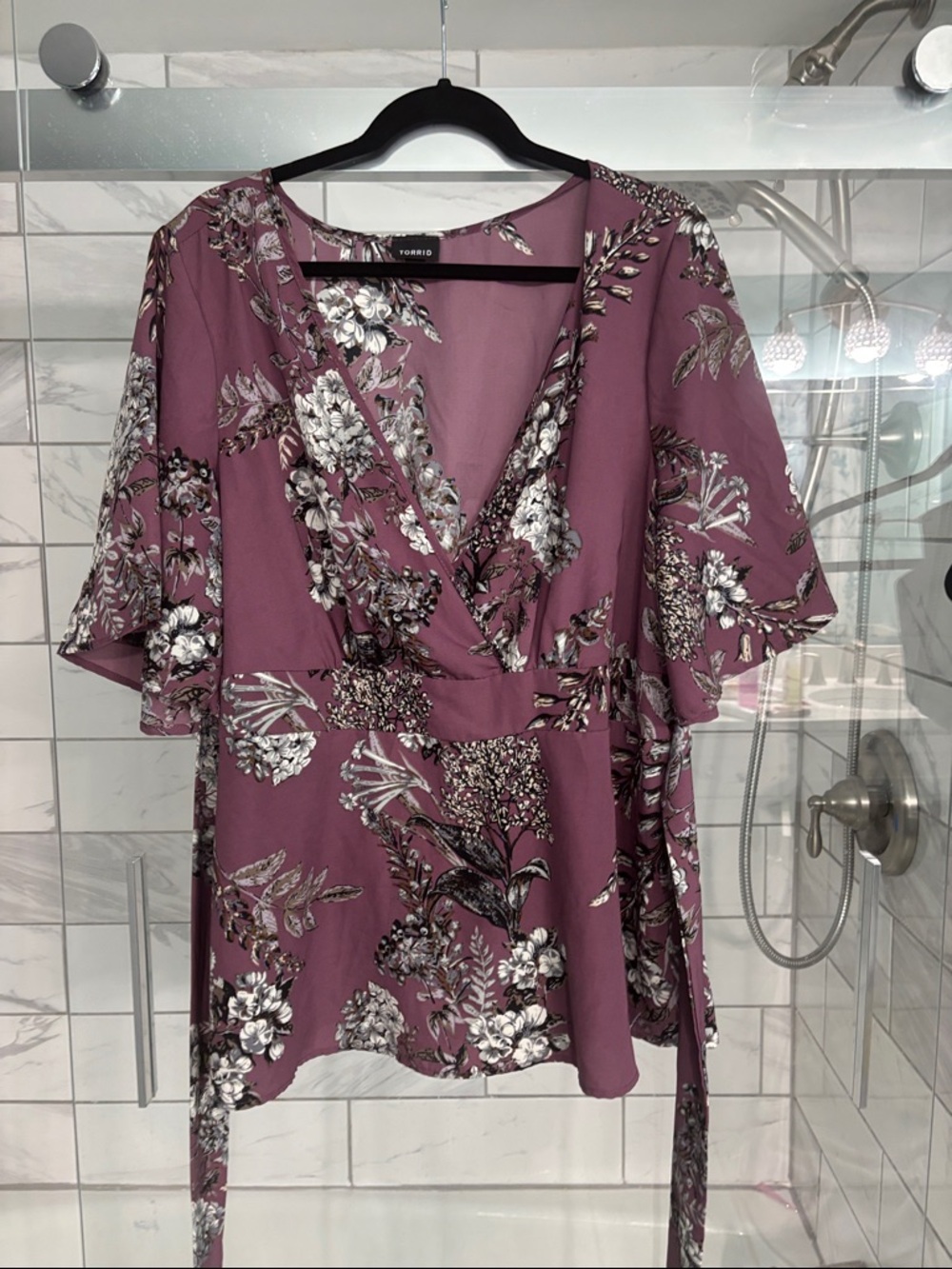 torrid Mauve Floral Wrap Blouse with Waist Tie